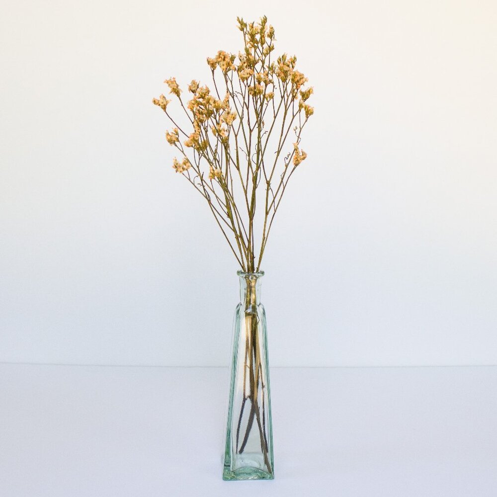 Green Glass Square Bottle, vintage small vase with cork lid, aqua sea green